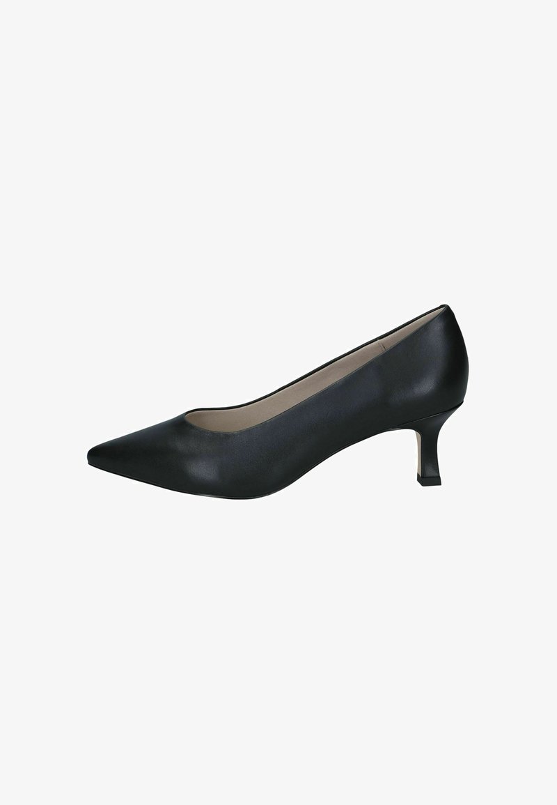 Escarpin en cuir noir à bout pointu, talon kitten bas et texture lisse, présenté de côté sur fond blanc.