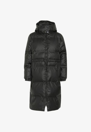 Schwarze gepolsterte Winterjacke mit Kapuze, ausgestattet mit einem Reißverschluss, Kordelzug in der Taille und elastischen Bündchen für einen sicheren Sitz.