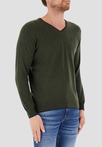 Maglione verde a V realizzato in morbido tessuto, con maniche lunghe, polsini a coste e un piccolo logo sul petto, abbinato a jeans blu.