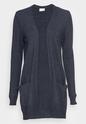 Dark navy cardigan made from textured knit material, featuring an open front, long sleeves, and two front pockets. Ribbed hem at cuffs.