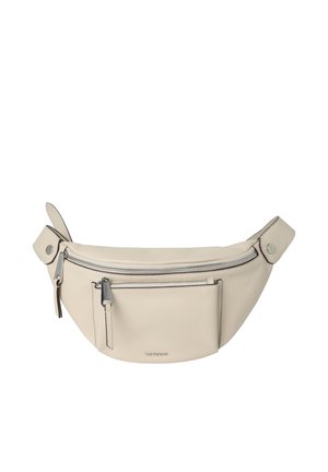 Beige lædermavebælte med to lynlåslommer og justerbar rem med trykknapper, lille præget mærkenavn på frontlommen.
