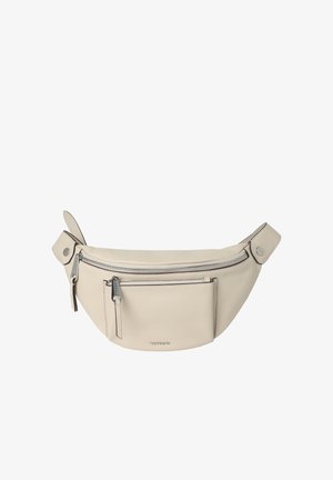 Banane en cuir beige avec deux compartiments zippés et une bandoulière ajustable à boutons-pression, petit nom de marque embossé sur la poche avant.