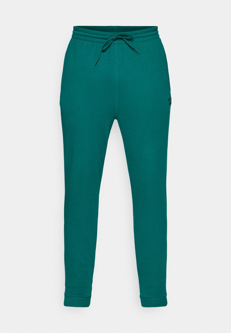 Pantalones deportivos en color verde azulado, fabricados con tela suave, con una cintura ajustable con cordón, piernas ajustadas y puños acanalados. Diseño minimalista sin patrones.