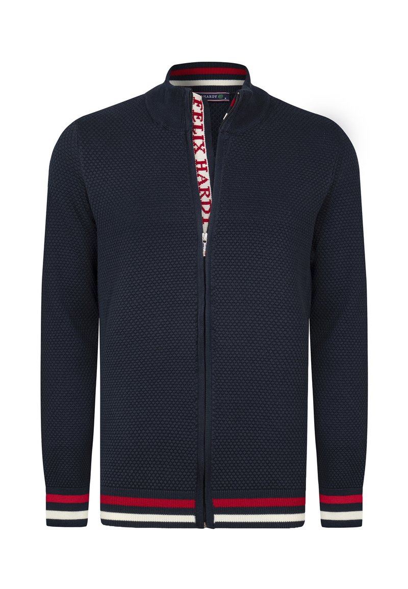 Marinblå zip-up cardigans med en strukturerad, bikake-mönster. Har en ståkrage och randiga röda, vita och marinblå ribbade detaljer vid fållen och ärmsluten.