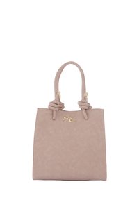 Borsa tote in finta pelle rosa con manici annodati, dettagli con logo in tonalità dorata e forma rettangolare strutturata. Texture liscia, design minimalista.