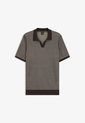 Short-sleeve brown knit polo shirt with dark collar and cuffs, textured fabric, and split neckline.