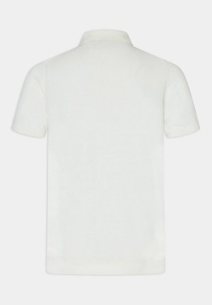 White short-sleeve polo shirt featuring a classic collar, smooth texture, and ribbed sleeve cuffs. Clean back design without embellishments.