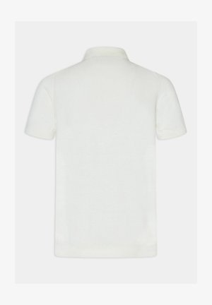 Witte polo met korte mouwen met een klassieke kraag, een gladde textuur en geribbelde manchetten. Eenvoudig ontwerp aan de achterkant zonder versieringen.