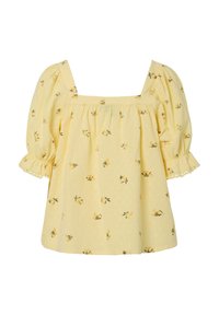 Top floreale giallo con scollatura quadrata, maniche a sbuffo e dettagli arricciati. Presenta piccoli motivi di fiori gialli su tessuto testurizzato.