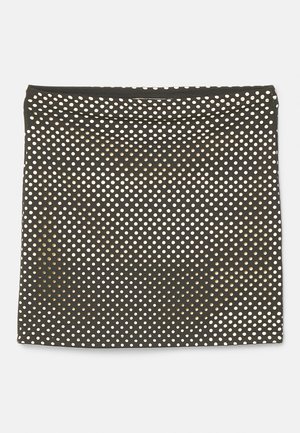 Μαύρη φούστα από ύφασμα με μια συνεπή διάταξη λευκών πουα, λεία υφή, και ίσια γραμμή με απλό λάστιχο στη μέση.