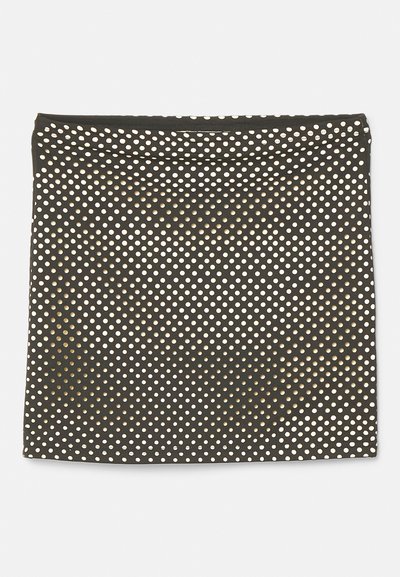 Jupe en tissu noir avec un motif régulier de pois blancs, texture lisse et coupe droite avec une ceinture simple.