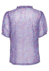 Blusa trasparente viola con maniche corte a sbuffo, scollo arricciato e un motivo floreale nei toni del rosa e del blu. Vestibilità rilassata.