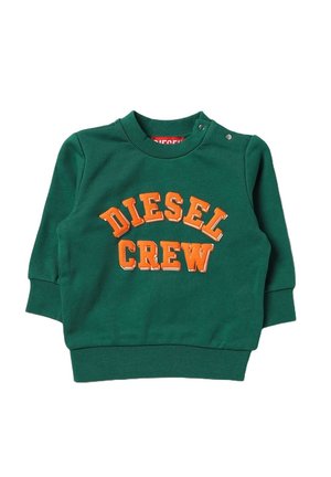 Sweatshirt verde in cotone, con stampa arancione "DIESEL CREW", polsini a costine e scollatura tonda con dettaglio a bottoni a pressione.