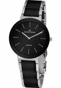 Schwarze Keramik-Uhr mit einem eleganten Band aus silbernem Edelstahl. Rundes Ziffernblatt mit minimalistischen silbernen Stundenmarkierungen und Zeigern, die das Logo zeigen.