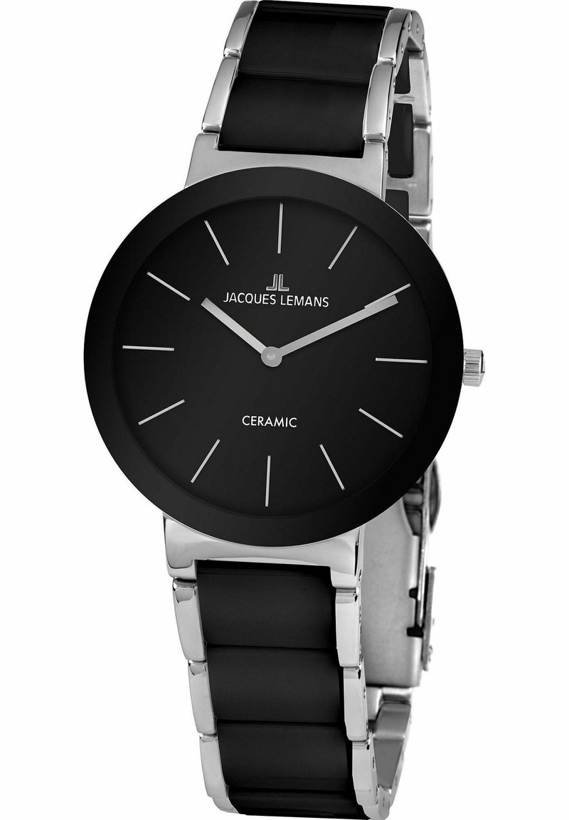 Schwarze Keramik-Uhr mit einem eleganten Band aus silbernem Edelstahl. Rundes Ziffernblatt mit minimalistischen silbernen Stundenmarkierungen und Zeigern, die das Logo zeigen.