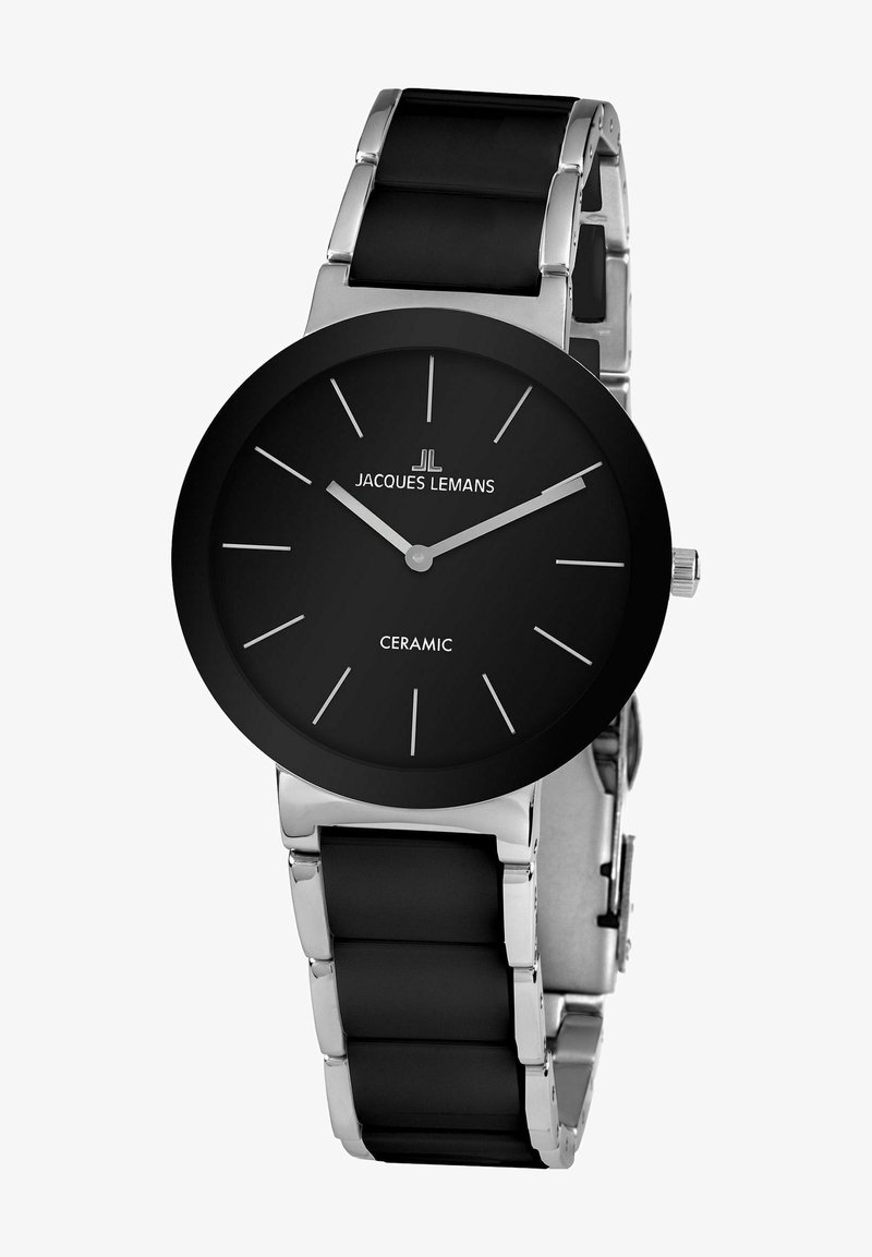 Schwarze Keramik-Uhr mit einem eleganten Band aus silbernem Edelstahl. Rundes Ziffernblatt mit minimalistischen silbernen Stundenmarkierungen und Zeigern, die das Logo zeigen.