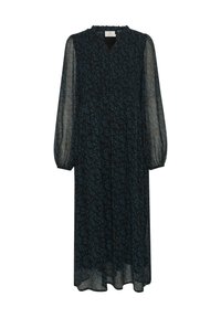 Black long-sleeve dress with a floral pattern, made of sheer fabric, features a smocked bodice and a V-neckline. Lightweight and flowy design.