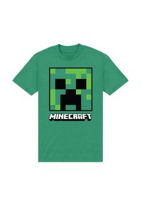 Zielona bawełniana koszulka z pikselową twarzą Creepera z Minecrafta, z czarnymi konturami i wyboldowanym, białym napisem "MINECRAFT."