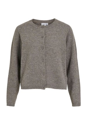 Šedý pletený cardigan s kulatým výstřihem, dlouhými rukávy a zapínáním na knoflíky vpředu. Měkká textura s pěti ladícími knoflíky podél légy.