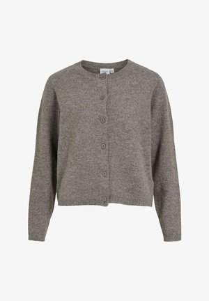 Grå strikket cardigan med rund hals, lange ermer og knappestolpe foran. Myk tekstur med fem matchende knapper langs stolpen.