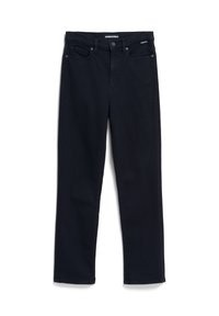 Jeans en denim noir avec une coupe droite. Comprend cinq poches, une fermeture à bouton et zip, et une finition propre sans effet délavé.