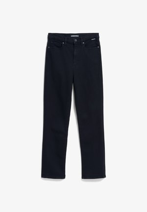 Black denim jeans with a straight-leg cut. Features five pockets, a button and zipper fly, and a clean finish without distressing.