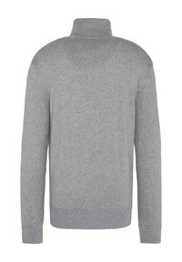 Grauer, hochgeschlossener Pullover mit langen Ärmeln, glatter Textur und gerippten Bündchen und Saum, der ein einfaches Design ohne Verzierungen zeigt.