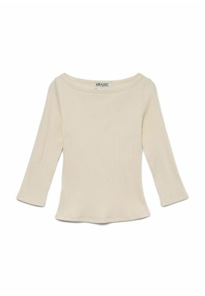 Helebeezh beež, soonikkoega pikkade varrukatega pluus, laia kaelusega ja keha järgiva siluetiga. Pehme tekstuur ja lõhestatud varrukaäärised.