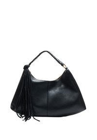 Borsa a tracolla in pelle nera con manico intrecciato e lunghe frange laterali, dotata di chiusura con zip superiore.