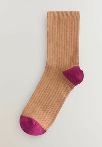 Ribbed socks in light brown with solid purple heel and toe accents; smooth texture, mid-calf length.
