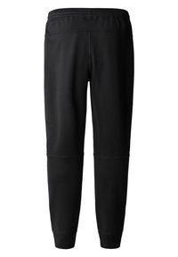 Czarne sportowe spodnie wykonane z gładkiego materiału, z elastycznym pasem i zwężanymi mankietami. Charakteryzują się prostym wzornictwem bez widocznych logo.