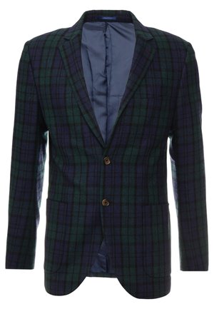 Blazer à carreaux vert foncé et bleu marine avec deux boutons, col cranté et poches plaquées à l'avant, entièrement doublé d'un tissu bleu marine lisse.
