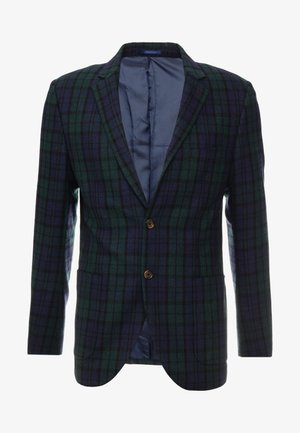 Dunkelgrüner und marineblauer karierten Blazer mit zwei Knöpfen, Revers mit Kerb, vorderen aufgesetzten Taschen, vollständig gefüttert mit glattem marineblauem Stoff.