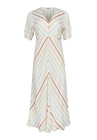 Randig midiklänning i lätt tyg; har en V-ringning, knappstängning fram, semifittad midja och korta puffärmar i pastellfärger.