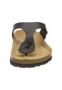 Sandalo infradito in pelle nera con soletta in sughero e plantare in tonalità marrone chiaro texturizzato. Presenta un attacco centrale e una strap regolabile per una vestibilità sicura.