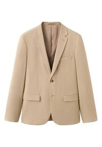 Beiger Blazer mit einem Knopfverschluss, Revers mit Kerbe und zwei Vordertaschen. Glatter Stoff mit leichter Struktur und maßgeschneidertem Design.