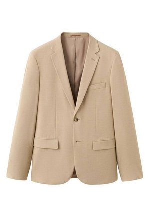 Beige blazer with a single button closure, notched lapels, and two front pockets. Smooth fabric with a light texture and tailored design.