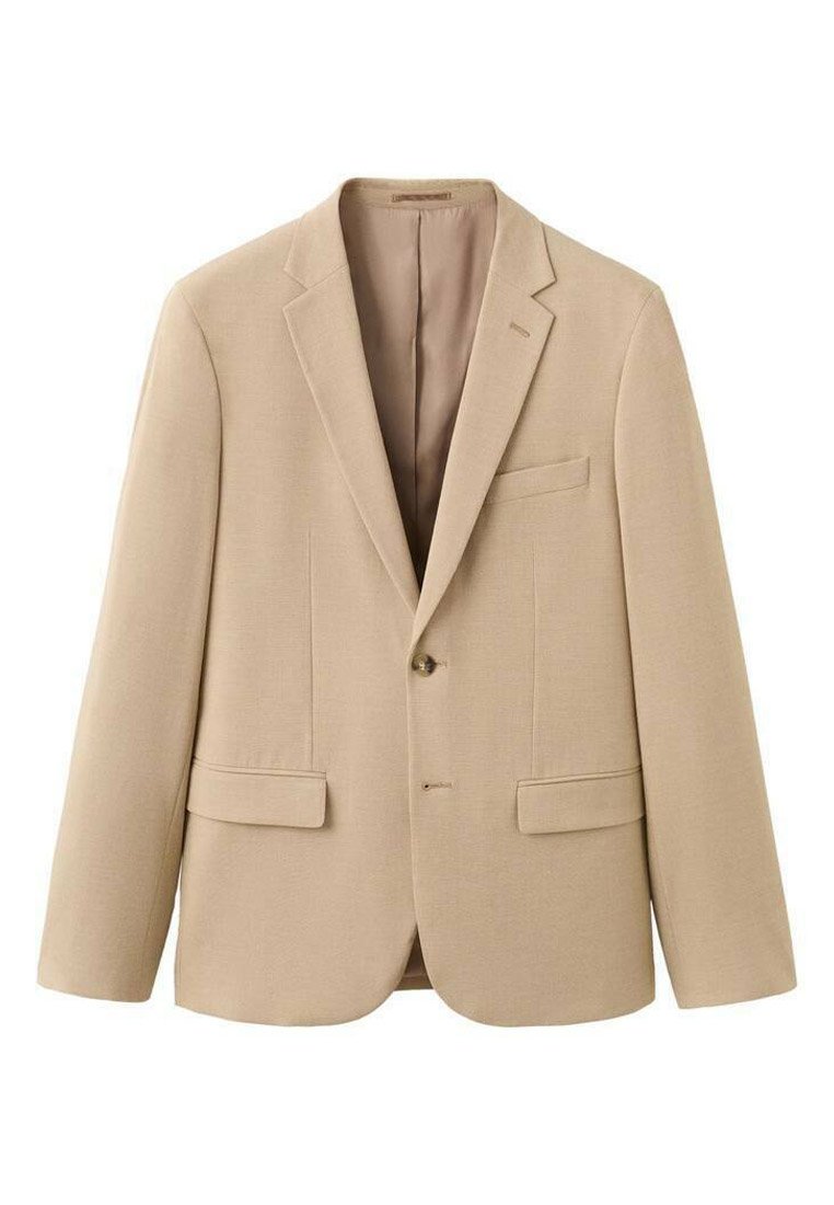 Beige blazer with a single button closure, notched lapels, and two front pockets. Smooth fabric with a light texture and tailored design.