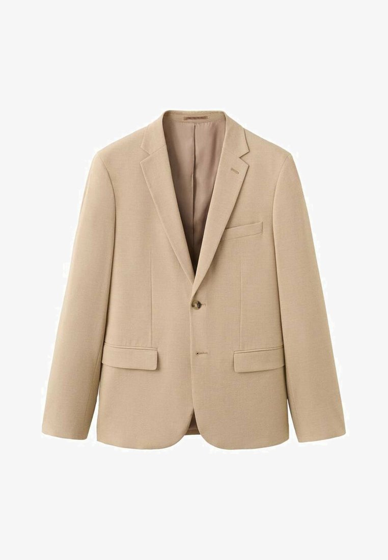 Beige blazer with a single button closure, notched lapels, and two front pockets. Smooth fabric with a light texture and tailored design.