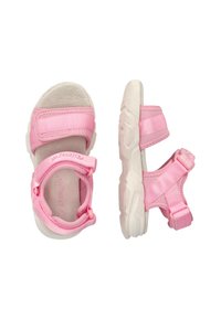 Rosa Kindersandalen aus weichem Stoff, mit verstellbaren Klettverschlüssen und einer leichten Gummisohle mit strukturierten Details.