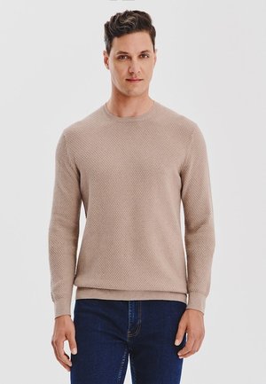 Beżowy sweter dzianinowy o teksturowanym wzorze, z okrągłym dekoltem i długimi rękawami. Noszony z ciemnoniebieskimi dżinsami. Gładki materiał przypominający wełnę.