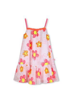 Lilleline kleit roosal taustal, millel on suured oranžid ja kollased lilled. Volangidega ääris ja reguleeritavad roosad rihmad. Kerge kangas.