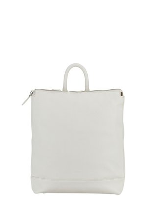 White leather backpack with top handle and zipper closure, shown upright against a white background.