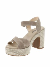Sandali platform in suede taupe con cinturini incrociati, soletta imbottita, texture intrecciata sul tacco a blocco e cinturino alla caviglia regolabile.
