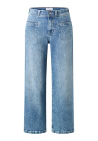 Light blue wide-leg jeans made of denim with a high waist, two front pockets, and visible stitching along the seams and hems.