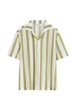 Chemise à manches courtes boutonnée avec des rayures verticales en maille ouverte vert olive et blanc et un col camp.