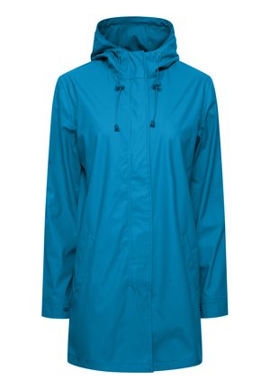 Blå vandtæt jakke med hætte, med snørejustering, to sidelommer og lange ærmer. Glat tekstur og afslappet pasform.
