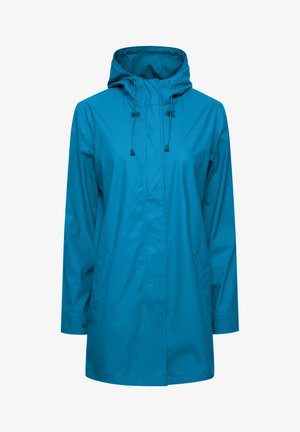 Sinine veekindel jack, millel on kapuuts, tõmblukuga nöör ja kaks küljetaskut ning pikad varrukad. Sile tekstuur ja lõdva lõike disain.