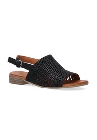 Zwarte open teen slingback sandaal met geweven ontwerp, leren materiaal, vlakke lichtbruine zool en verstelbare enkelband met zilveren hardware.