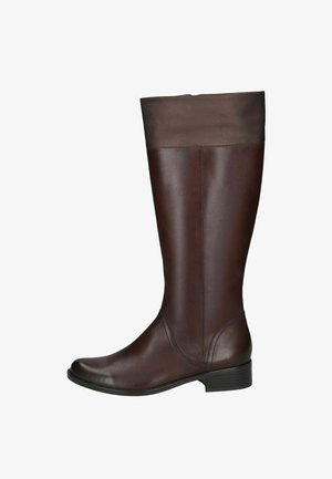 Botte en cuir marron foncé montant jusqu'au genou, finition lisse, talon bas et manchette légèrement texturée en haut.